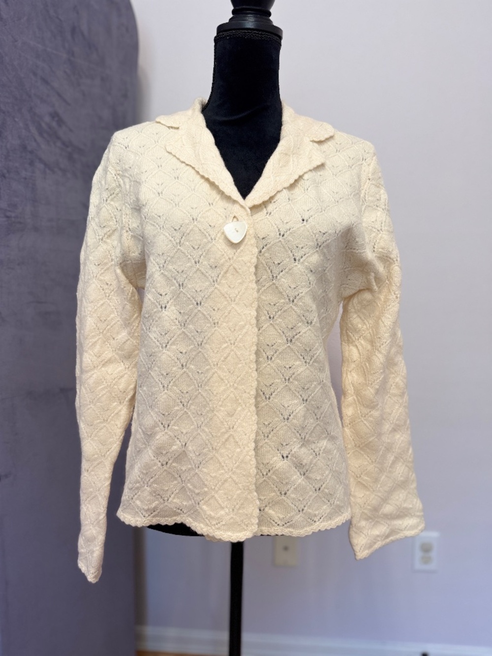 Pendleton Women L 100% Merino Wool Pointelle Cardigan Ivory Scalloped Collar